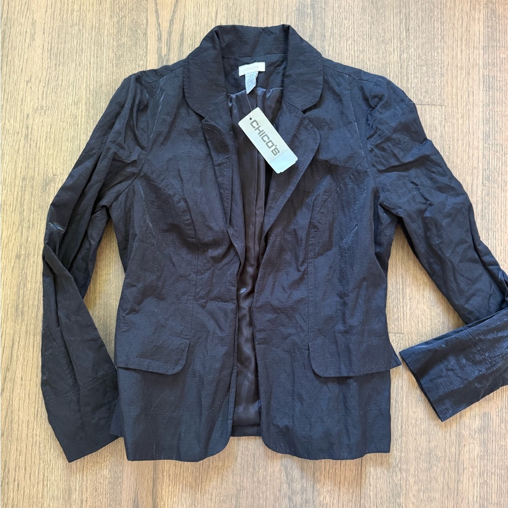 NEW Chicos Black Simple Shine  Crinkle Blazer Jacket Open Front-Size 0